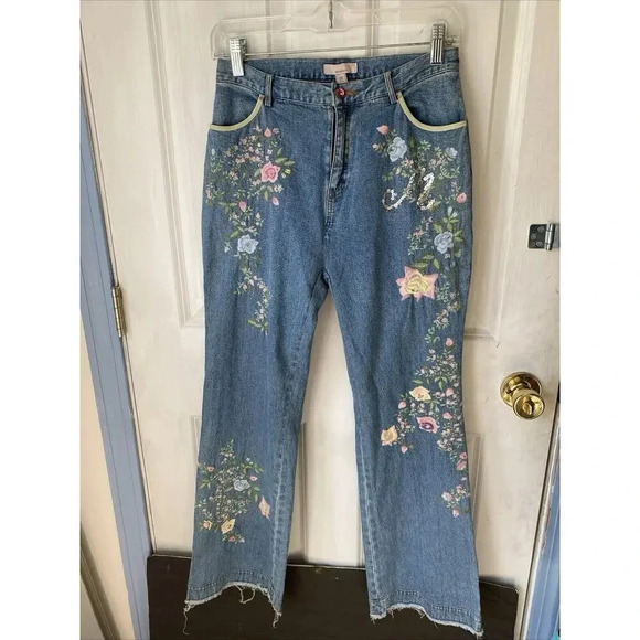 Moiselle Y2K Jeans Women 0/W27 Floral Embroidered Light Wash Blue Fray Hem Fairy - Picture 14 of 14